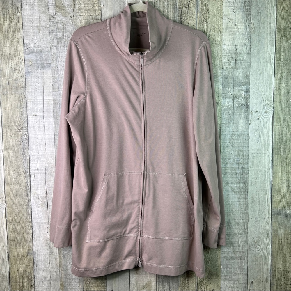 Eileen Fisher XL Tan Zipper Front Long Sleeve Mock Neck Jacket w/Pockets